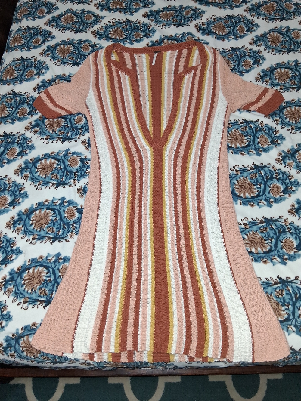 Free People Pink Multicolor Striped V-Neck Knit Sweater Dress